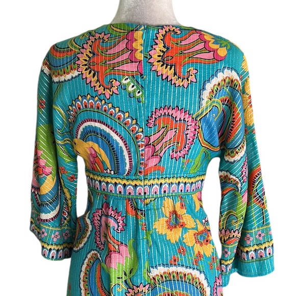 Trina Turk Floral & Metallic Silver Striped 3/4 Bell Sleeve Midi Dress - 4 - Picture 7 of 11